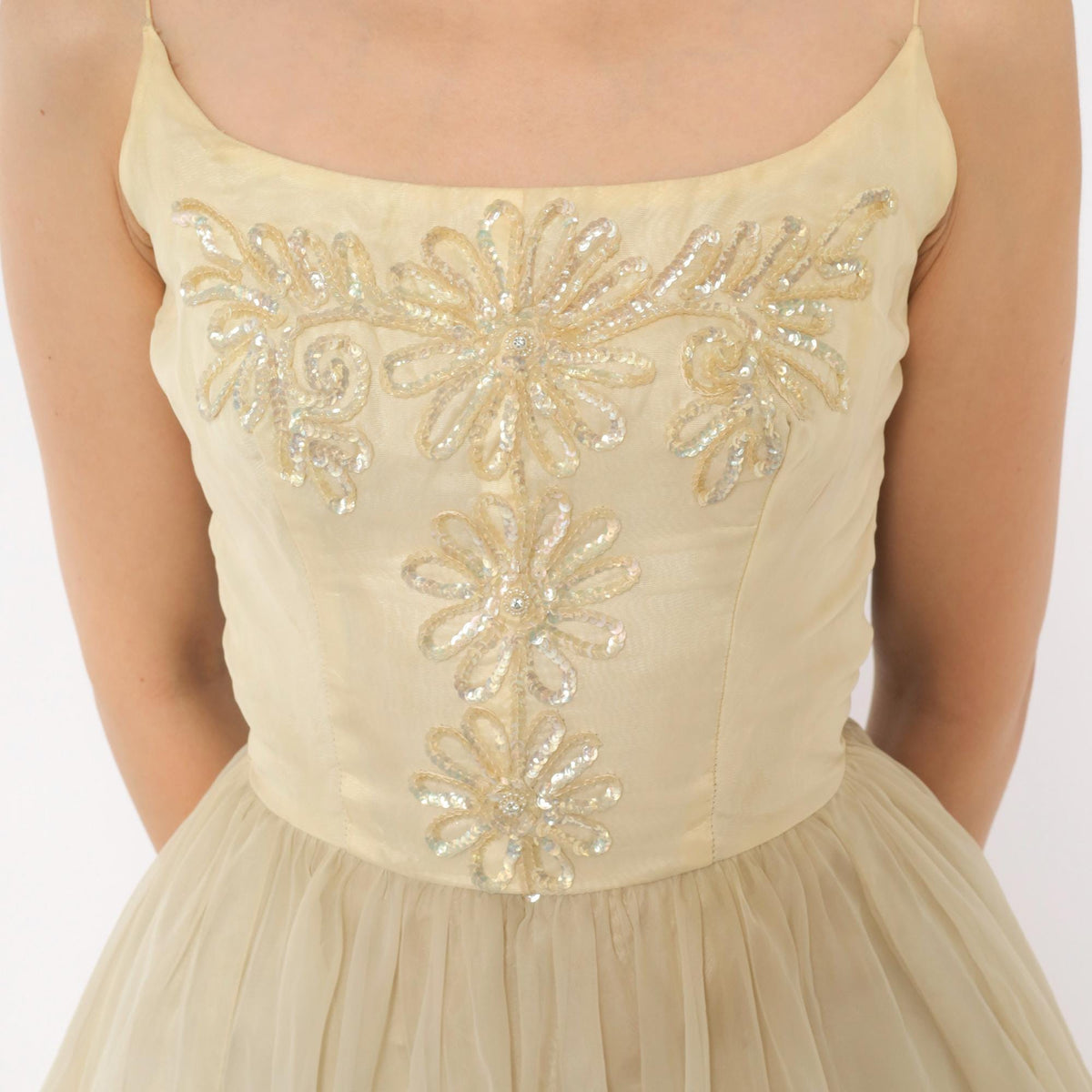 1950s Cream Sequin Floral Party Dress Full Skirt Chiffon Extra Small XS