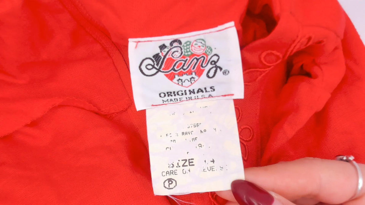 80s Lanz Originals Red Shift Dress Square Neck Soutache Embroidery Large L