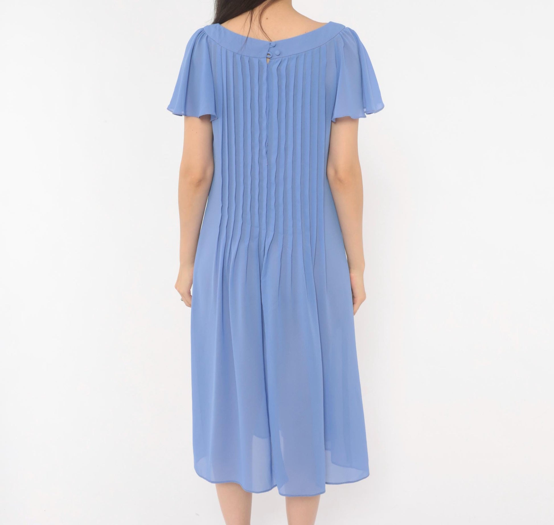 80s David Morris Periwinkle Pintuck Midi Dress Flutter Sleeve Small