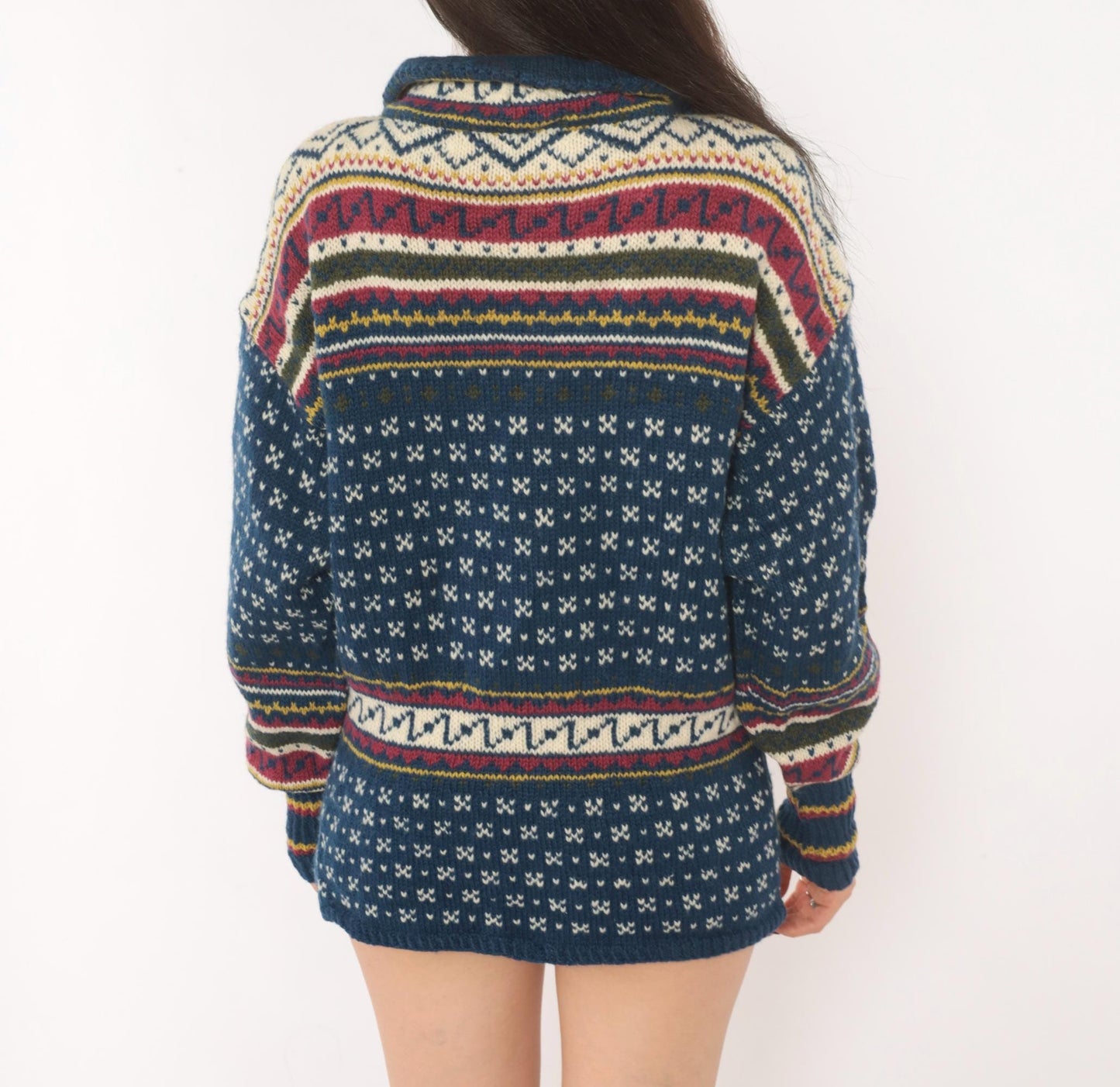 90s Husfliden Norwegian Fair Isle Wool Cardigan Navy Cream Burgundy Medium M