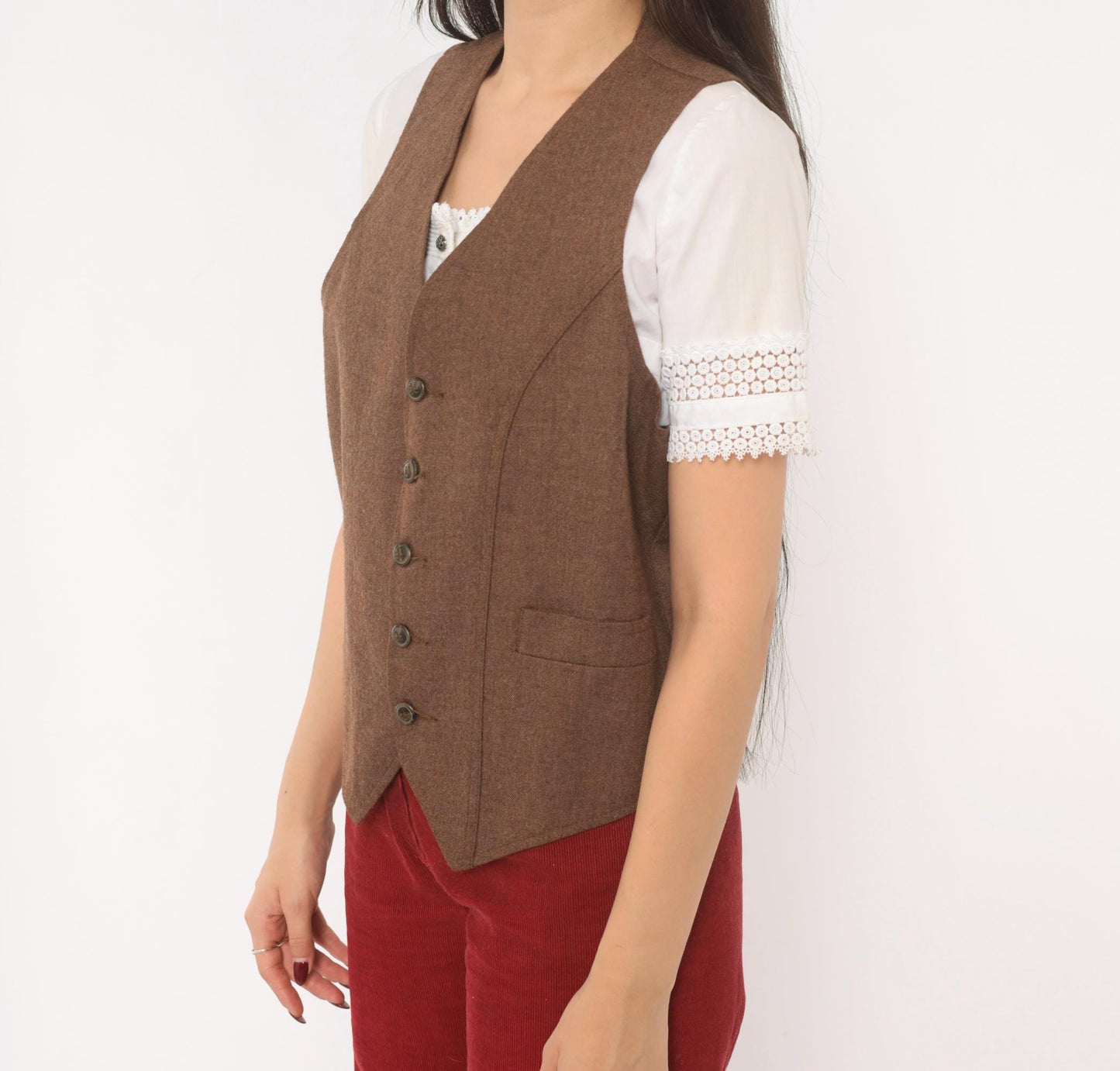 70s Angels Flight Wool Herringbone Vest Brown V-Neck Button Front Small S