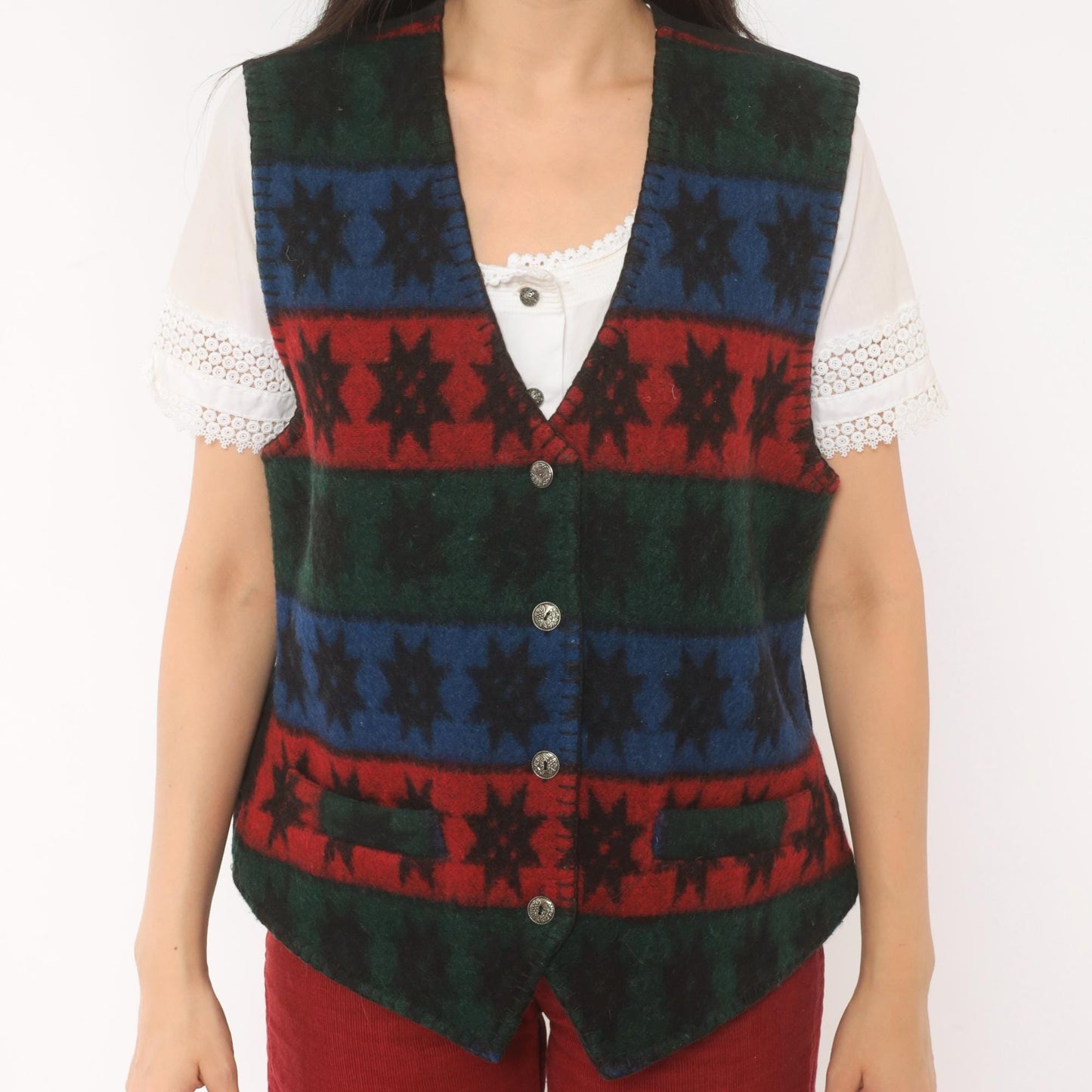 90s Erika Wool Vest Star Pattern Striped Navy Burgundy Forest Green Medium M