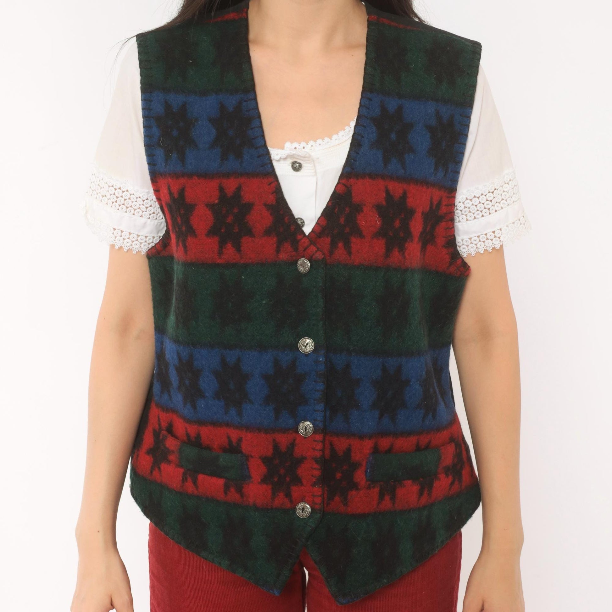 90s Erika Wool Vest Star Pattern Striped Navy Burgundy Forest Green Medium M