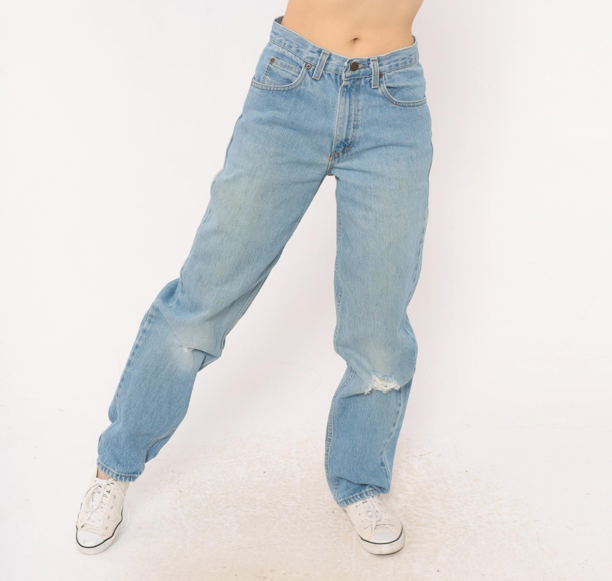 90s Light Wash Straight Leg High Rise Jeans Distressed Knee Rip Denim Small