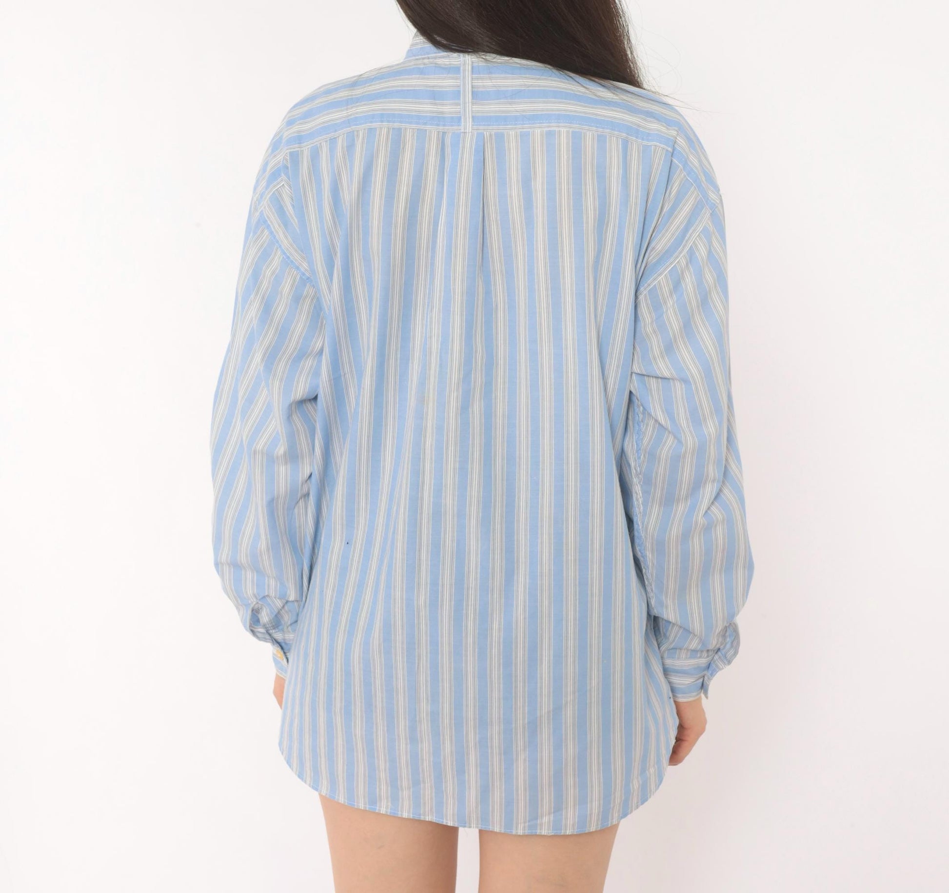 90s Gap Blue White Striped Shirt Band Collar Cotton Blouse Medium M