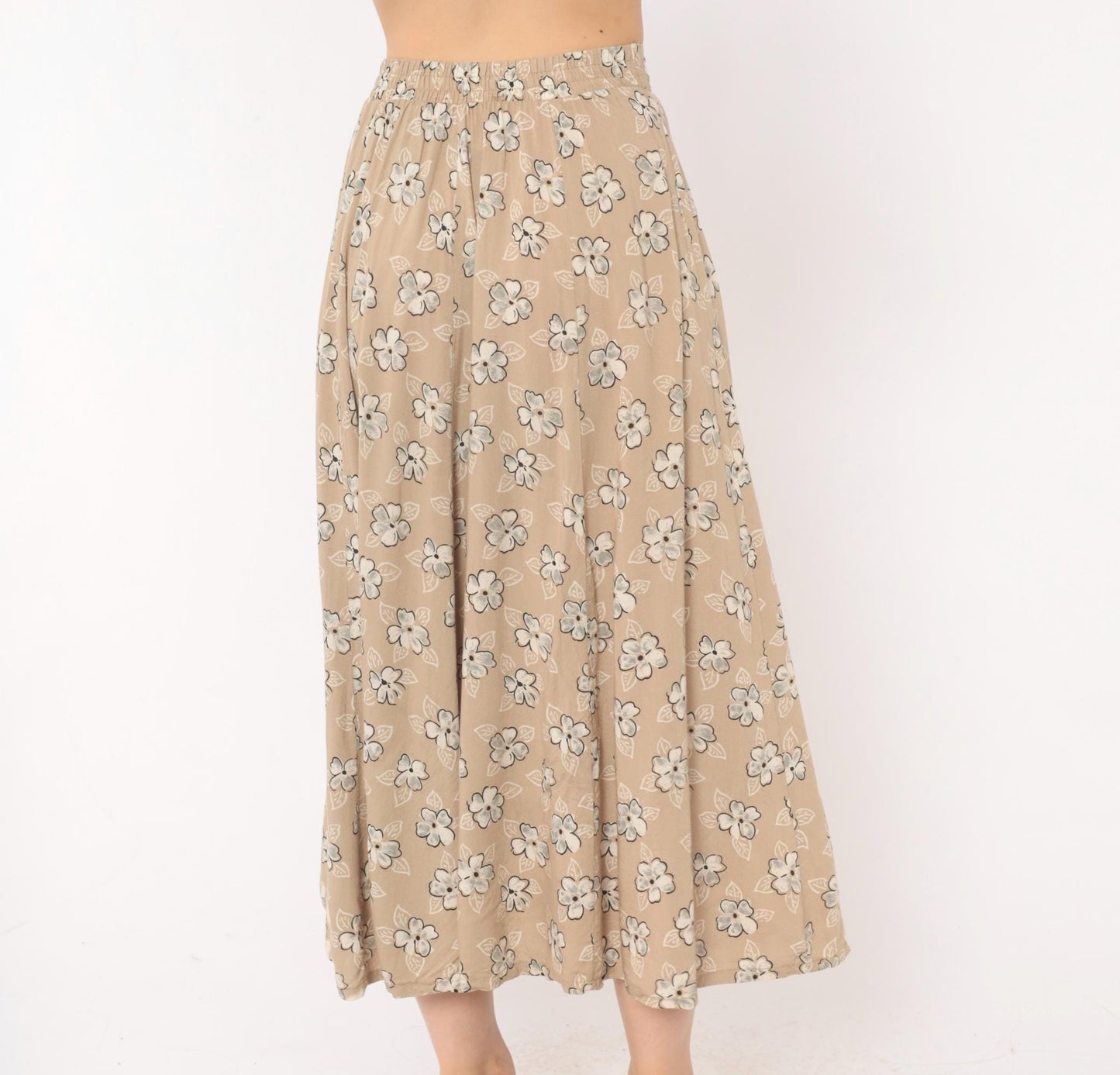 90s Tan Floral Maxi Skirt A-Line Button Front Elastic Waist Medium