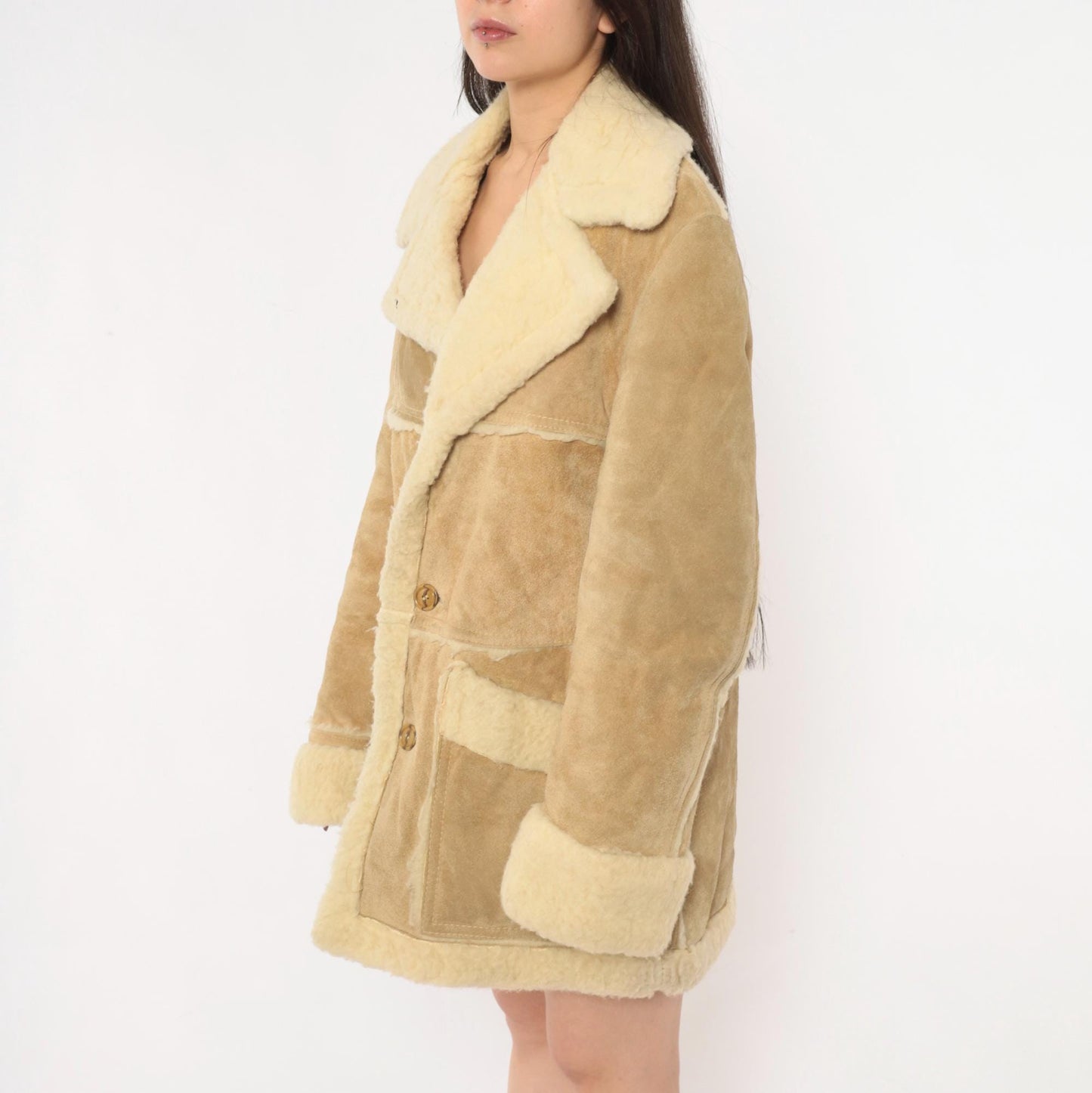 70s Tan Suede Shearling Jacket Wool Lined Cream Sherpa Collar Extra Large XL