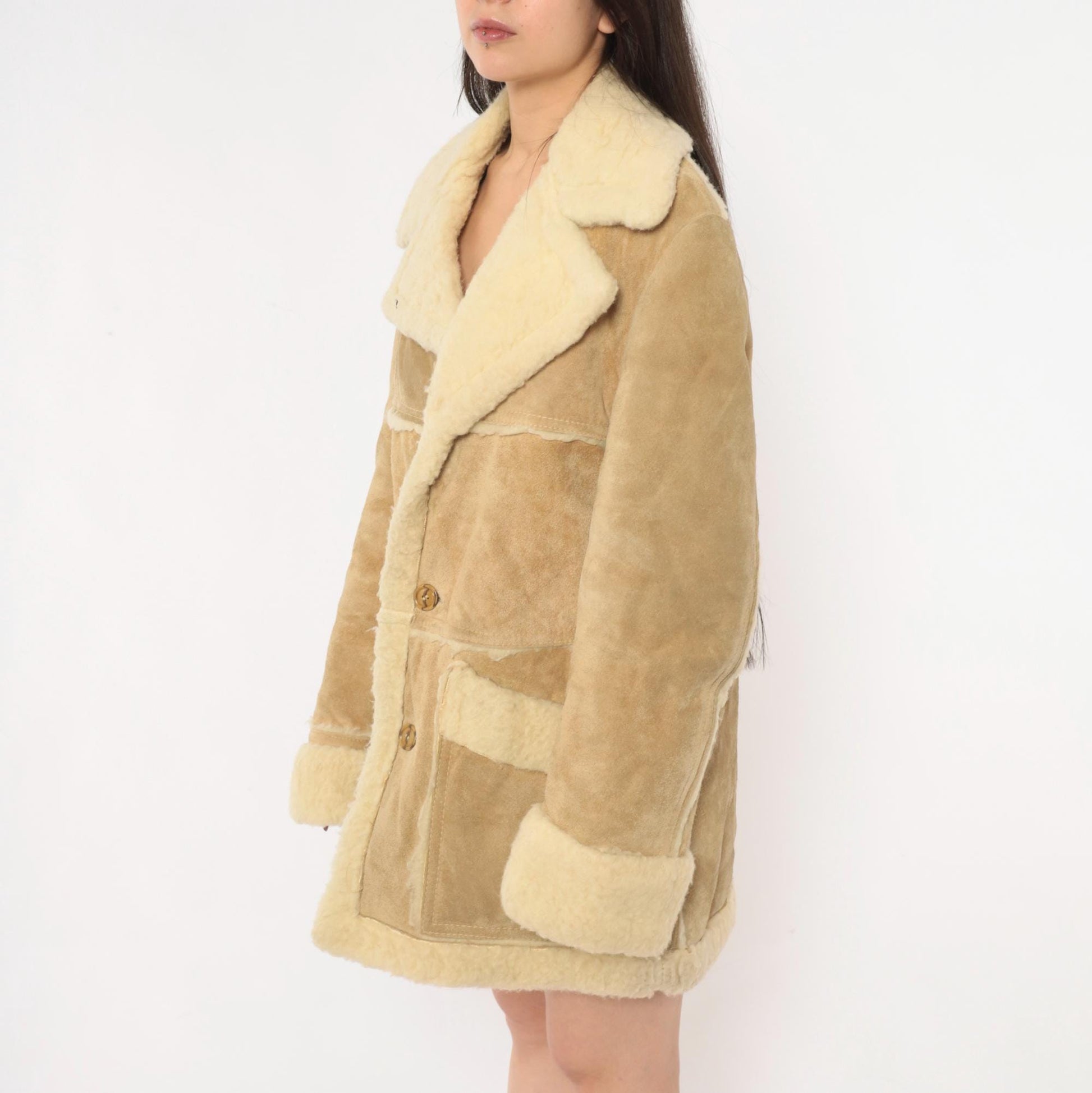 70s Tan Suede Shearling Jacket Wool Lined Cream Sherpa Collar Extra Large XL