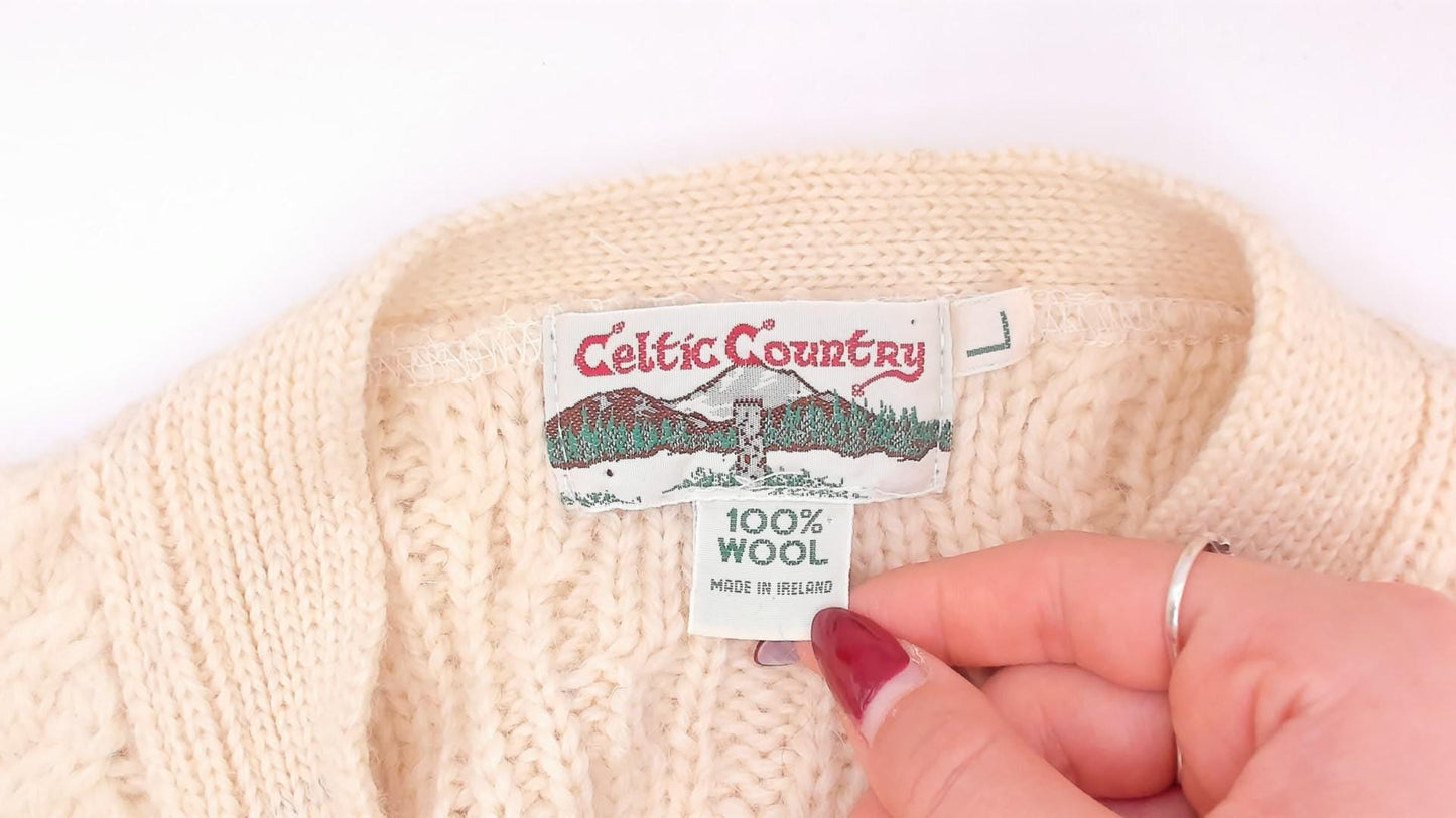 80s Celtic Country Cable Knit Cardigan Cream Wool Button Front Large L