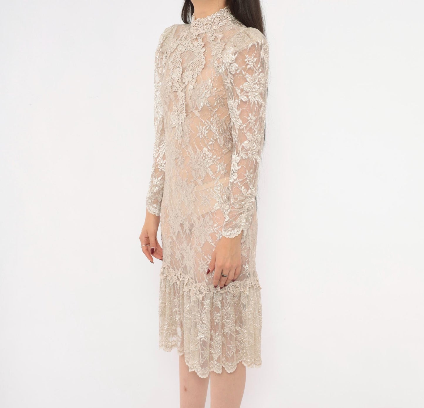 90s Cream Floral Lace Dress Pearl Button Back Puff Sleeve Small