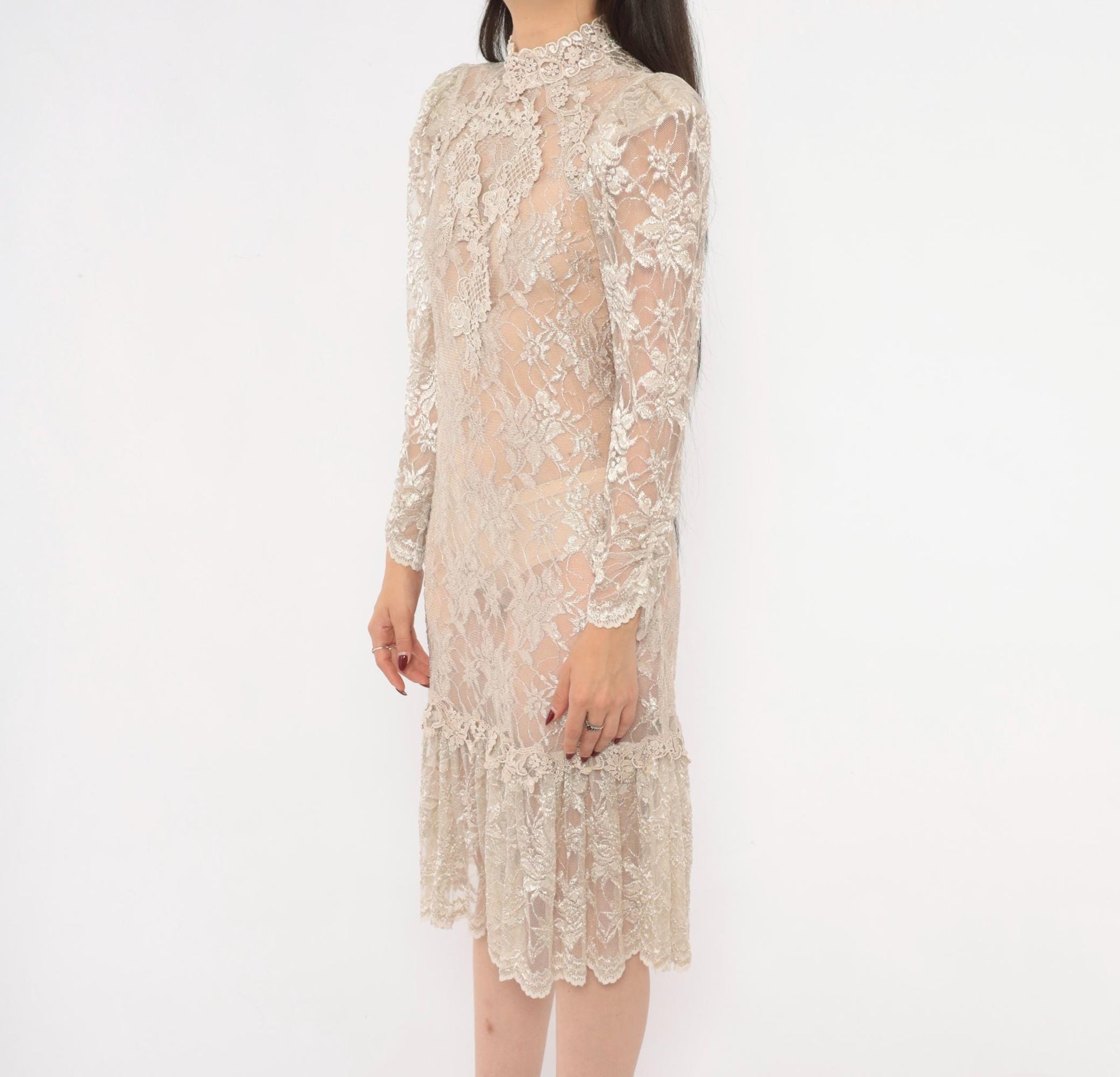90s Cream Floral Lace Dress Pearl Button Back Puff Sleeve Small