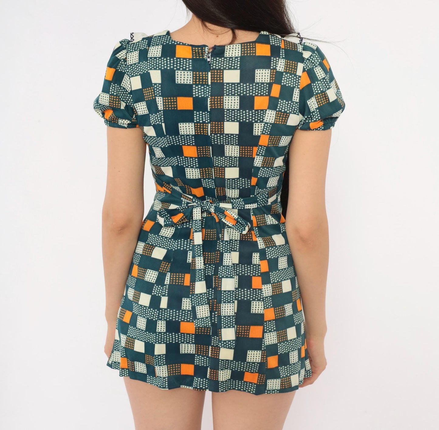 70s Navy Mini Dress Cherry Embroidered Geometric Puff Sleeve Bib Front Extra Small