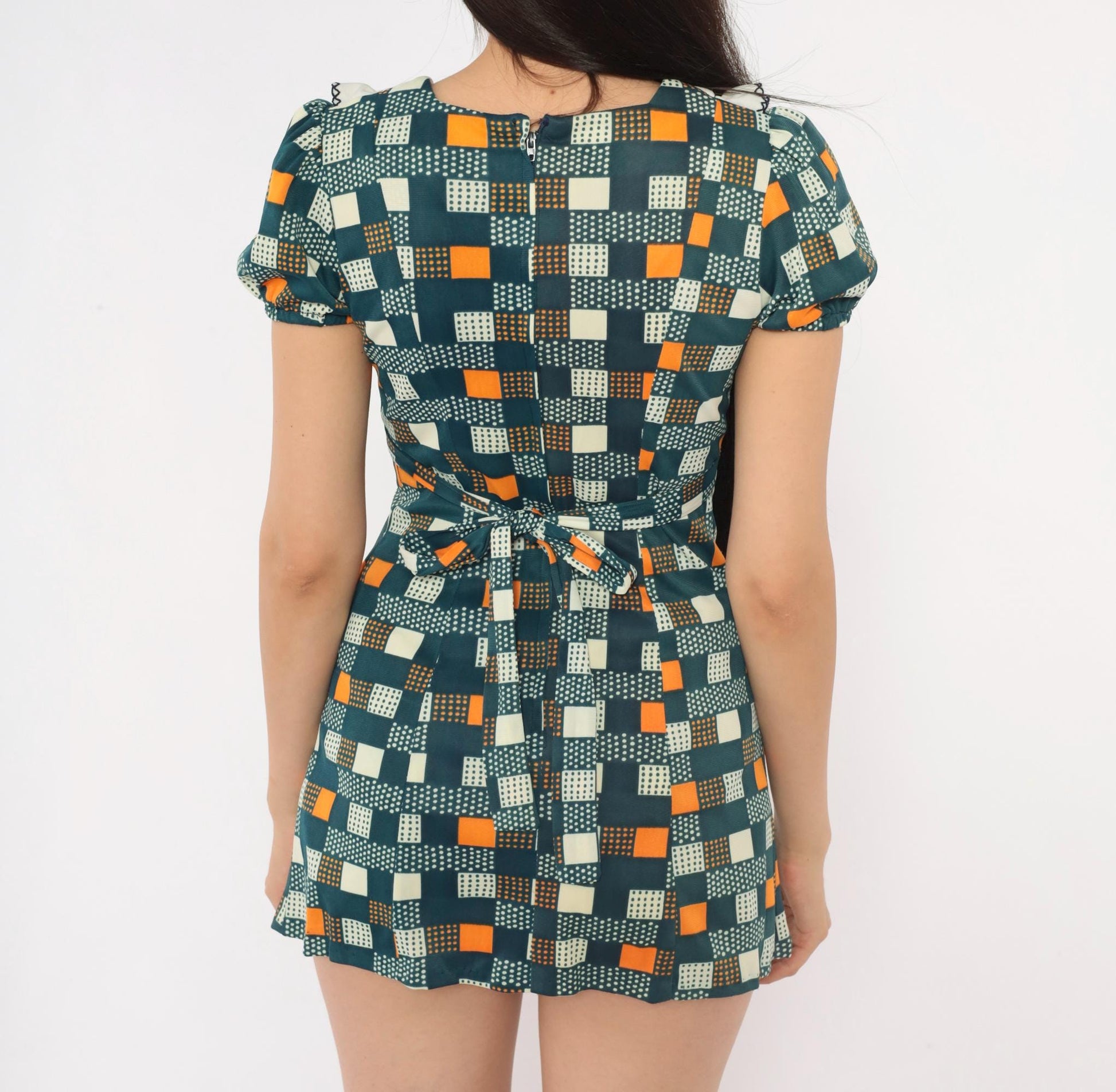 70s Navy Mini Dress Cherry Embroidered Geometric Puff Sleeve Bib Front Extra Small