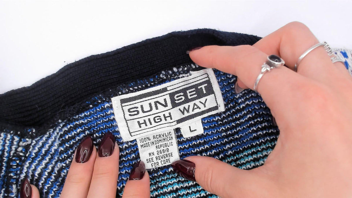 90s Sun Set High Way Geometric Knit Cardigan Navy Teal Diamond Fair Isle Large L