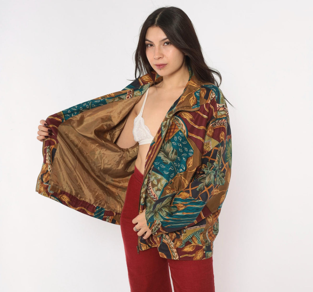 90s EVR Silk Bomber Jacket Tan Patchwork Leaf Print Unisex Large L