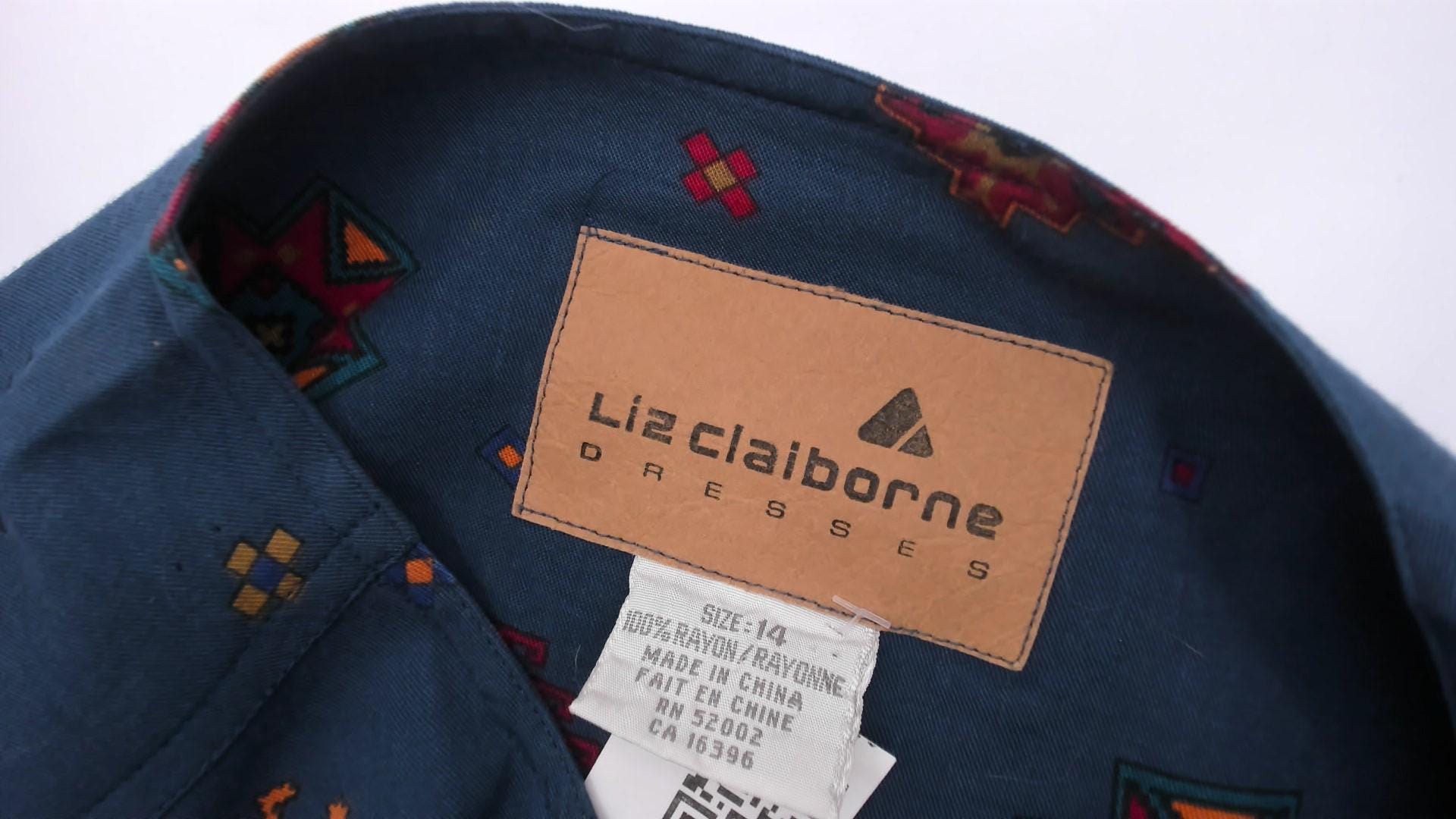 90s Liz Claiborne Geometric Folk Midi Dress Navy Button Front Extra Large XL