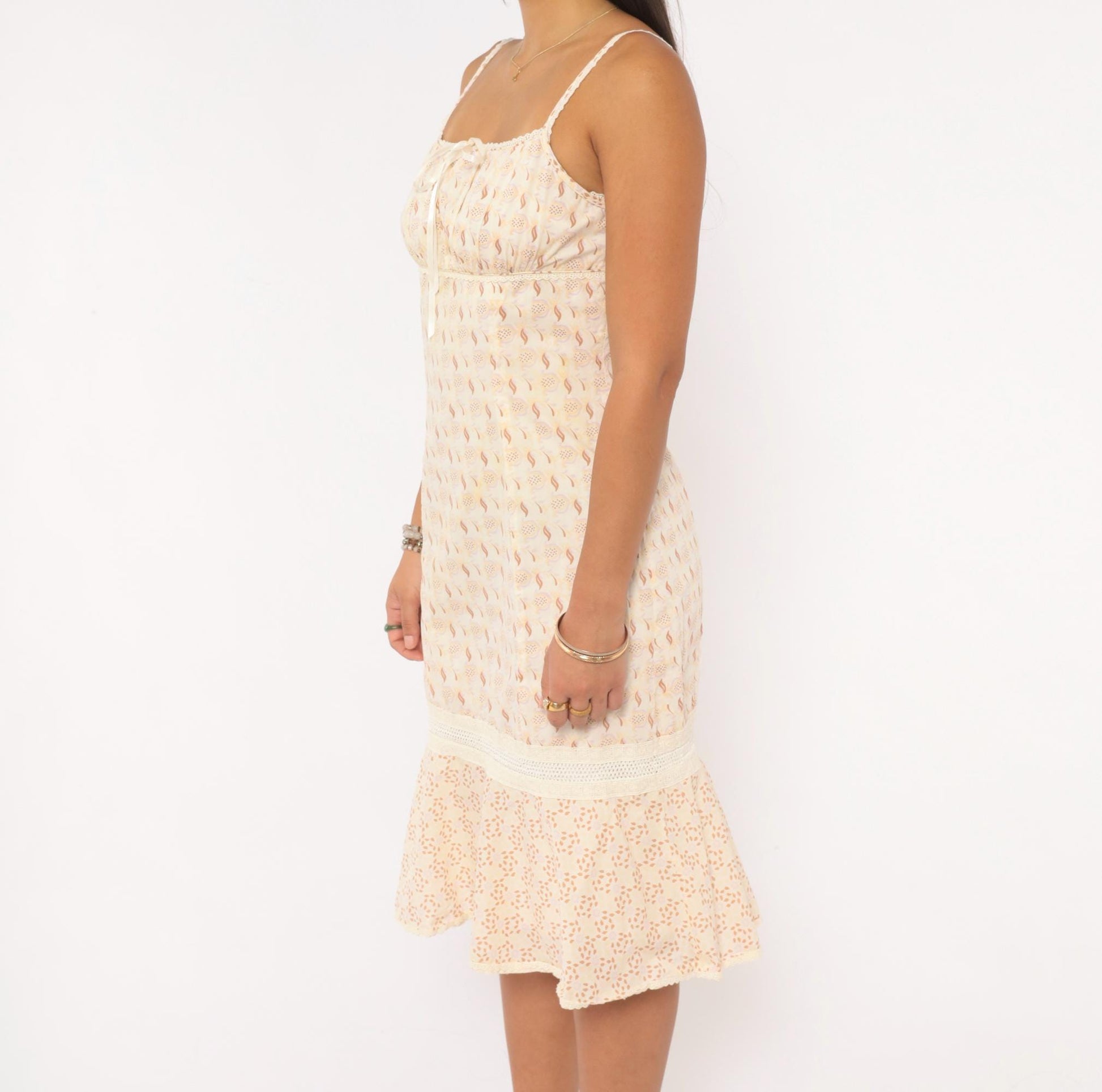 Y2K Floral Sundress Cream Tan Ribbon Bow Lace Trim Cotton Extra Small XS