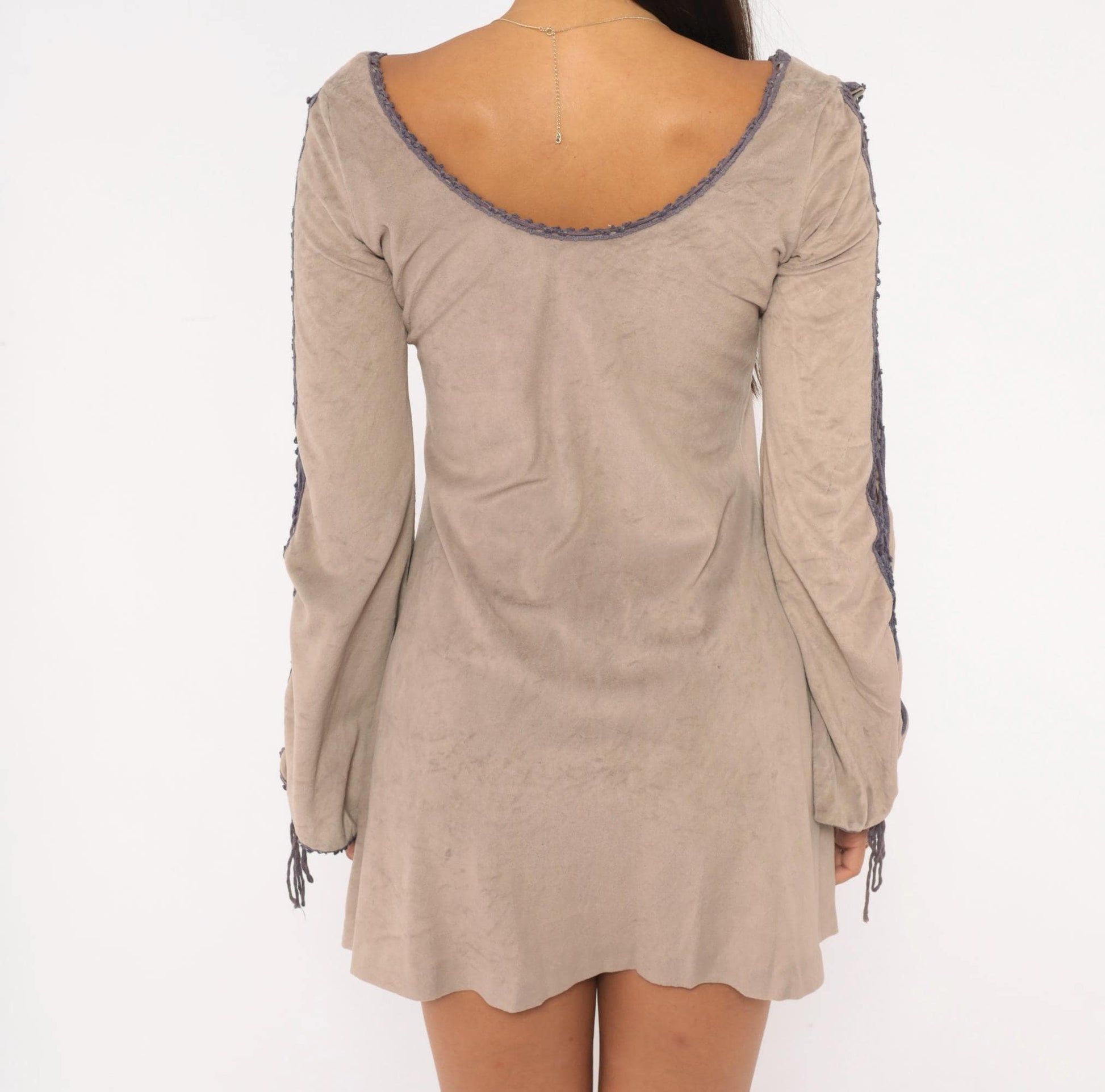 70s Grey Velour Mini Dress Purple Lace Cutout Bell Sleeve Extra Small XS