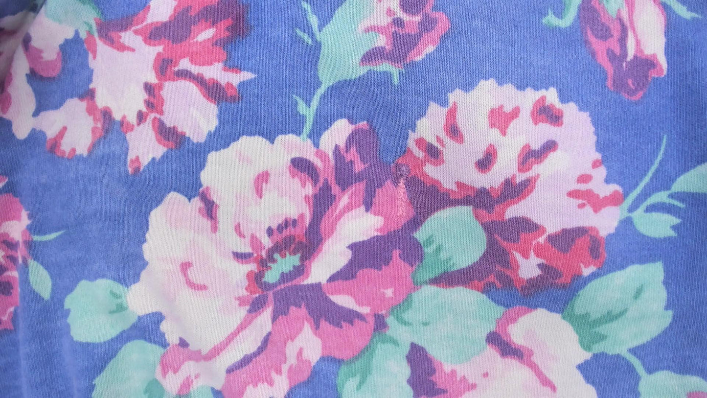 80s Periwinkle Floral Sundress Rose Print Gathered Skirt Knee Length XS