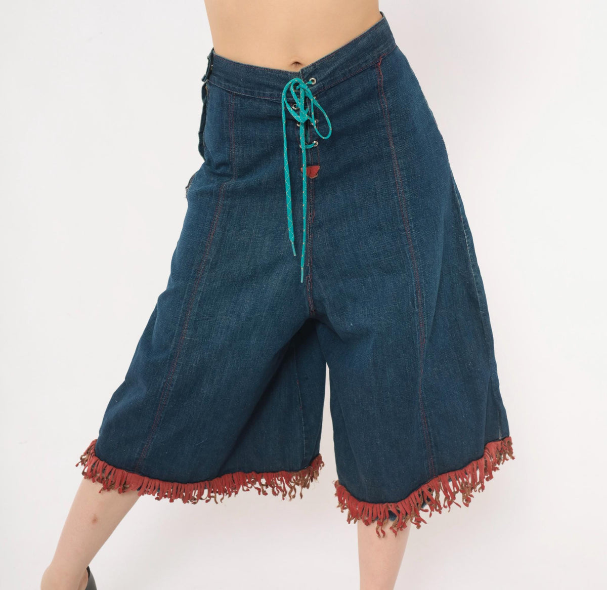 80s Blue Denim Wide Leg Shorts Red Fringe Lace Up Front Studded Medium M