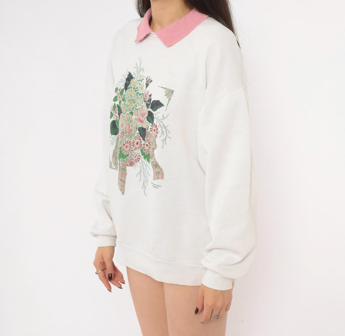 90s Morning Sun Floral Sweatshirt Pink Roses Off White Raglan Large L
