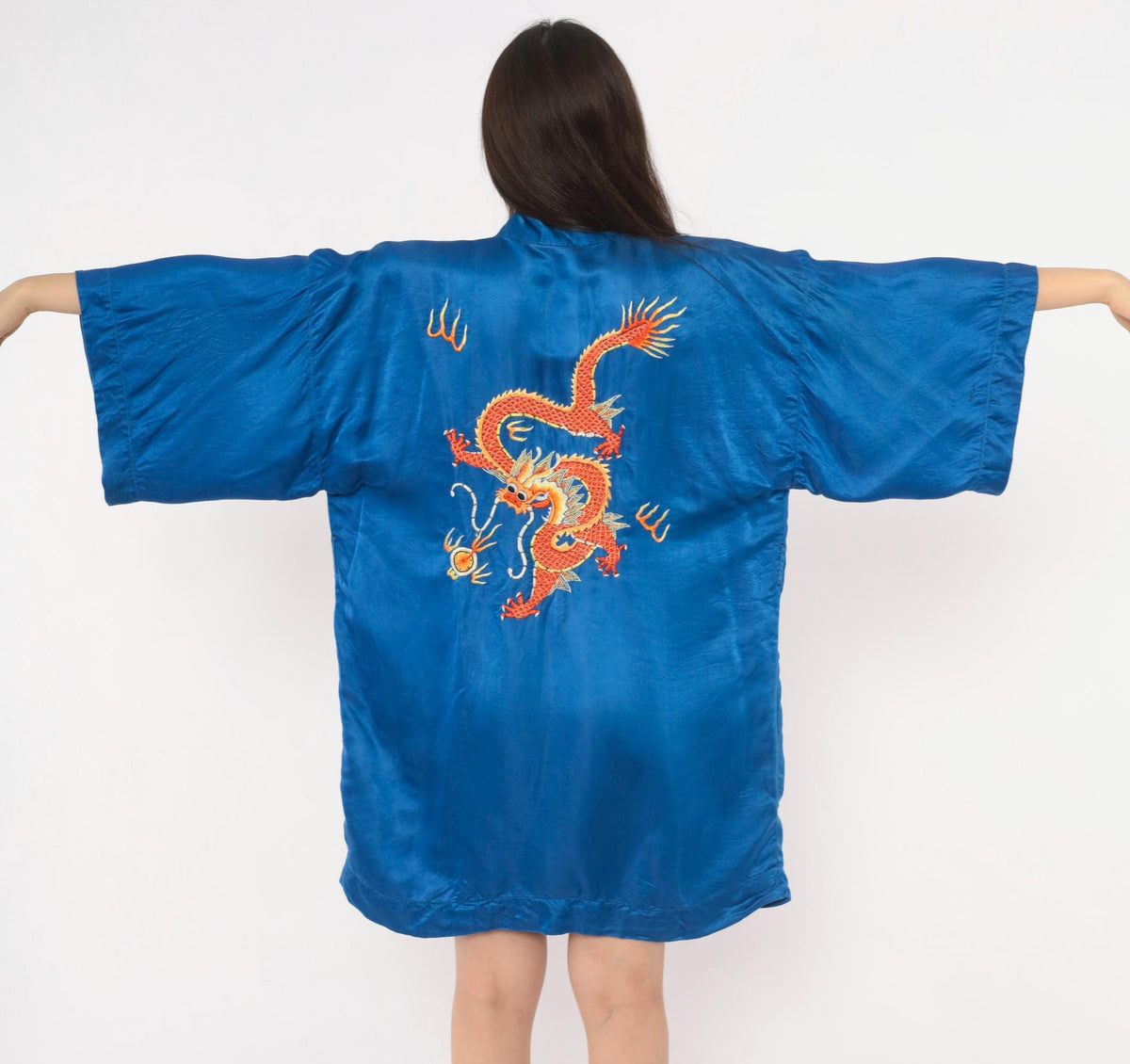 90s Golden Deer Silk Kimono Robe Cobalt Blue Dragon Embroidered Medium