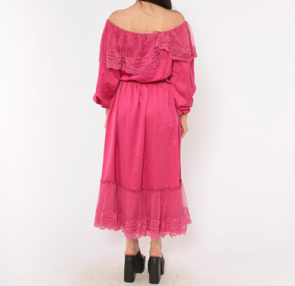 80s Hot Pink Off-Shoulder Midi Dress Lace Ruffle Balloon Sleeve Medium M