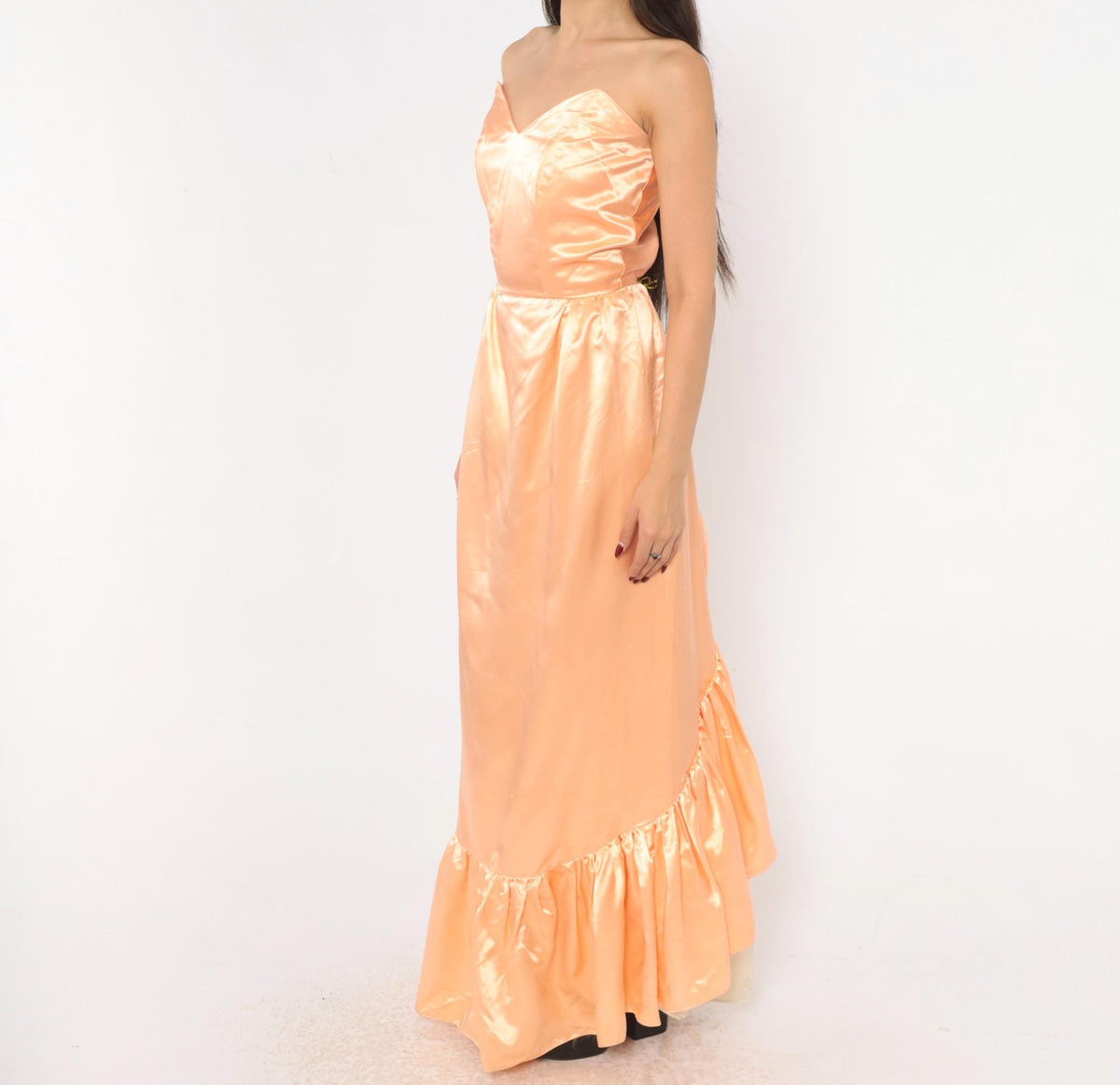 80s Peach Satin Strapless Maxi Gown Sweetheart Neckline Lace Bustle Small