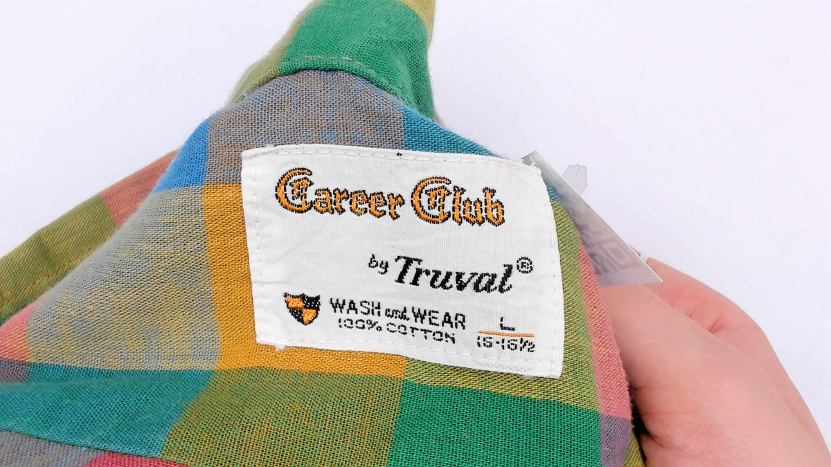 70s Career Club Madras Plaid Button-Down Shirt Multicolor Gingham Large L