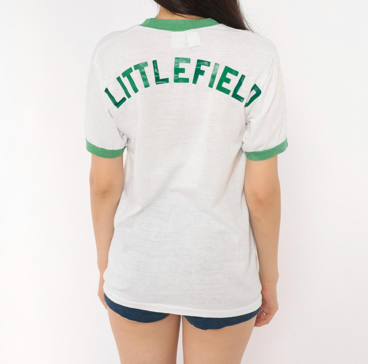 80s Sport-T Viking Ringer Tee White Green Trim Graphic Medium M