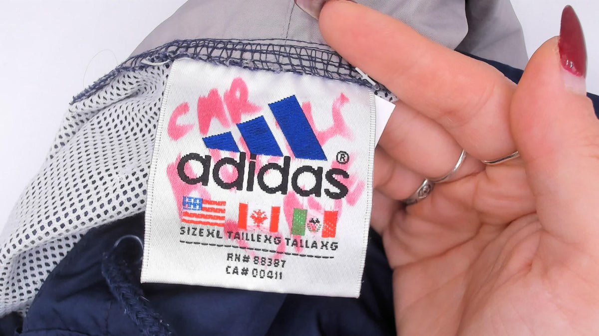 Y2K Adidas Navy Windbreaker Anorak Hooded Pullover White Stripe Extra Large XL