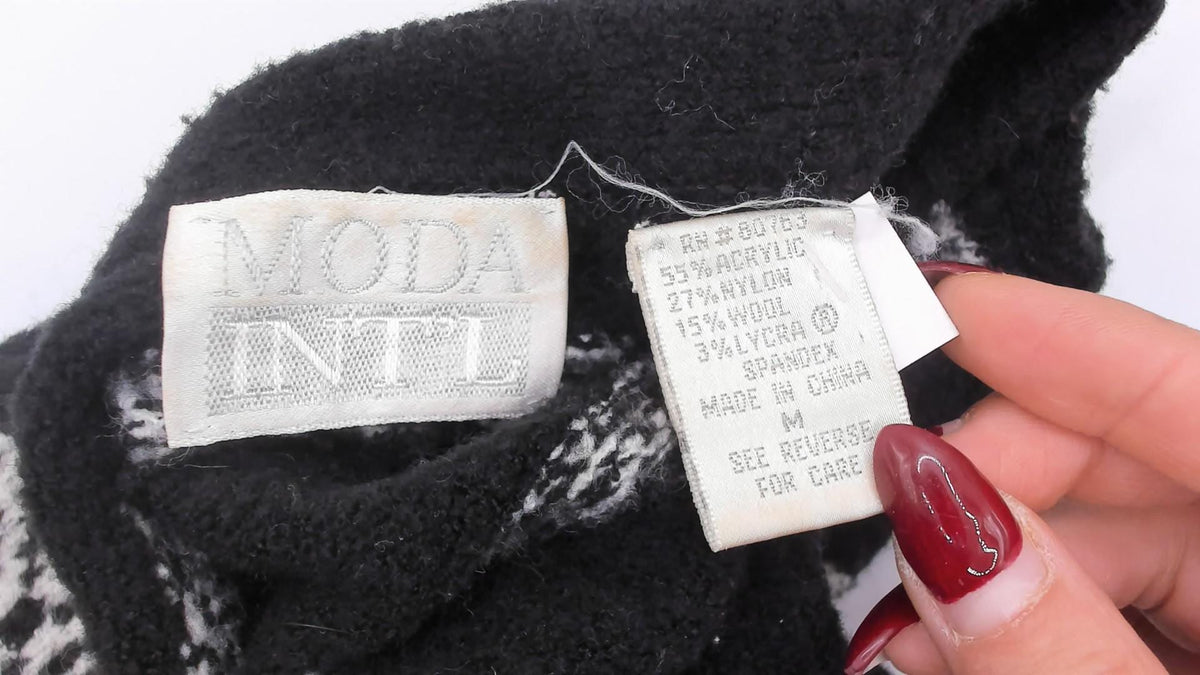 90s Moda International Fair Isle Cardigan Black White Wool Knit Medium M