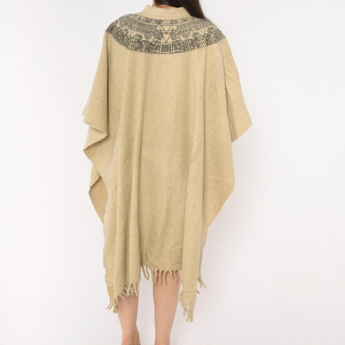 90s Aztec Calendar Wool Blend Poncho Cream Mandarin Collar Fringe Hem