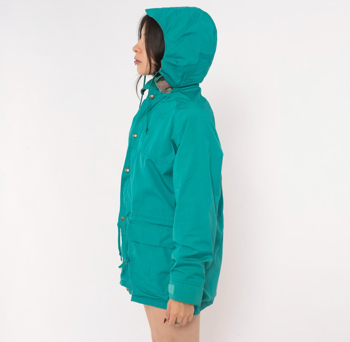 80s Woolrich Teal Hooded Parka Plaid Lined Windbreaker Small