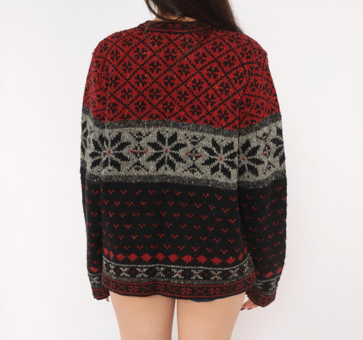 90s Croft & Barrow Nordic Cardigan Wool Blend Fair Isle Snowflake Black Grey Medium M