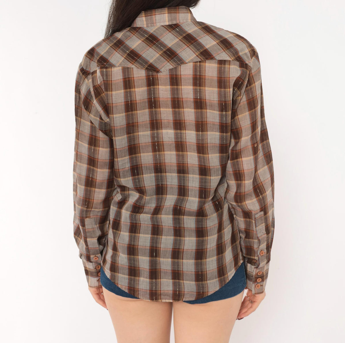 70s Kennington Plaid Button-Up Shirt Brown Tan Western Yoke Small