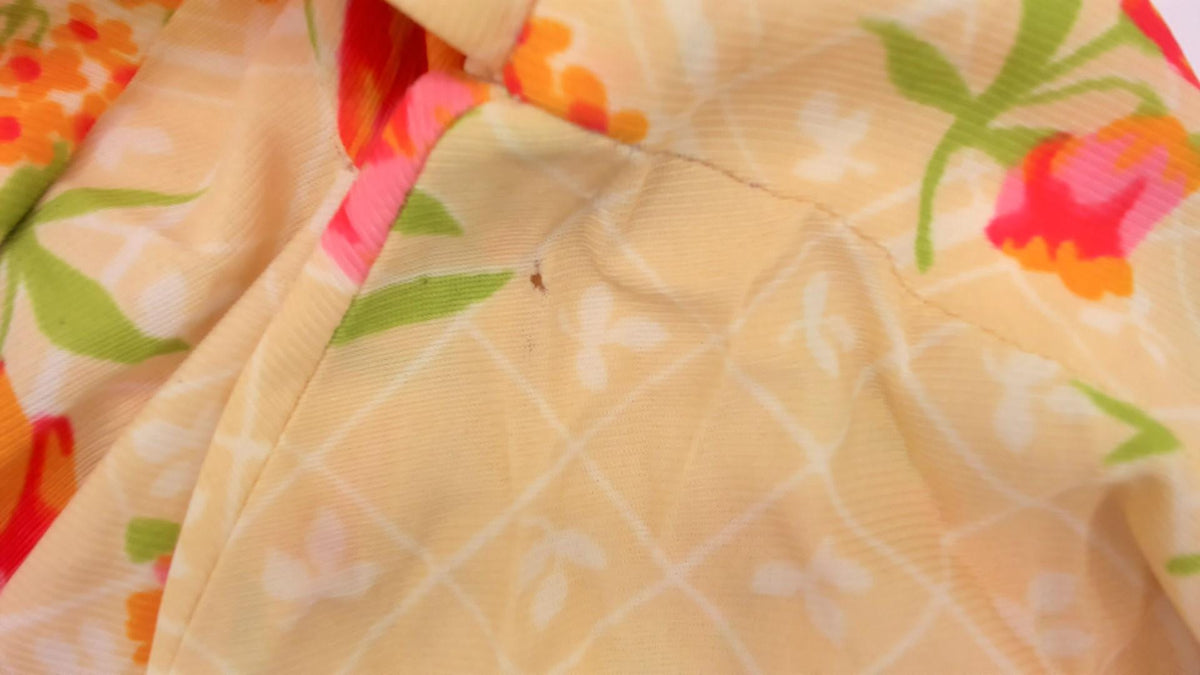 70s Floral Mini Dress Yellow Pink Flutter Sleeve Empire Waist Extra Small XS