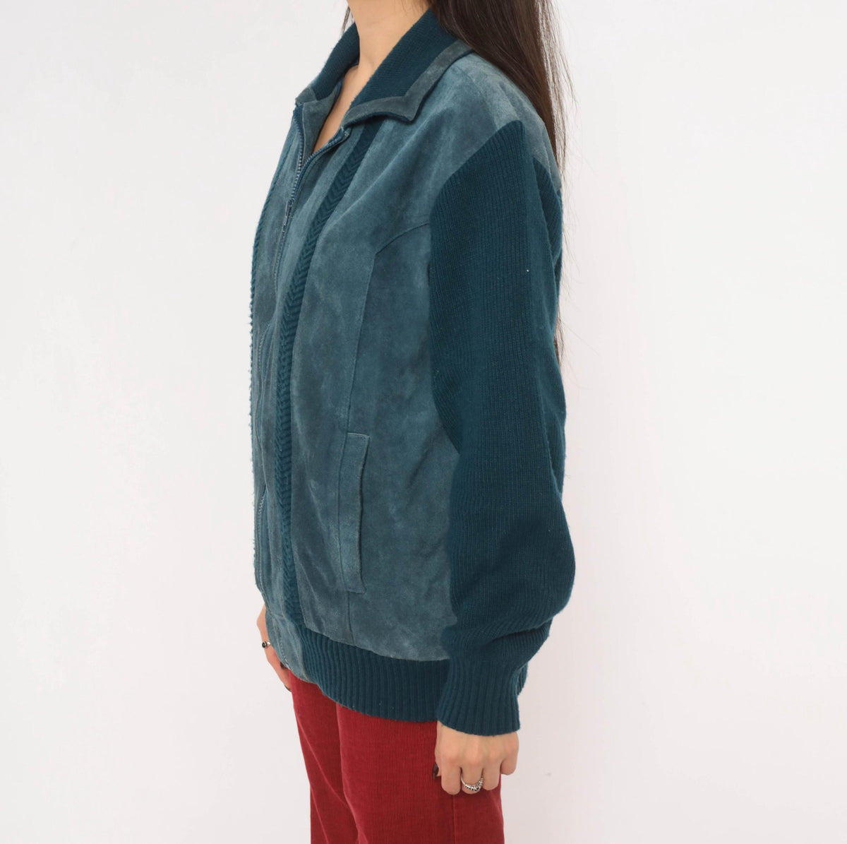 80s Mervyn's Navy Blue Suede Leather Cardigan Knit Zip Jacket Large