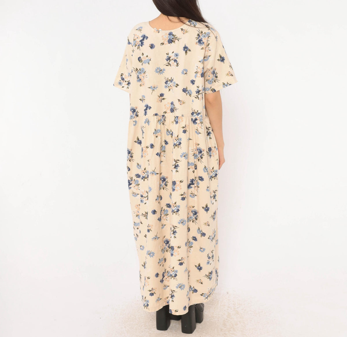 90s Studio C Floral Linen Maxi Dress Cream Navy Plus Size XXL