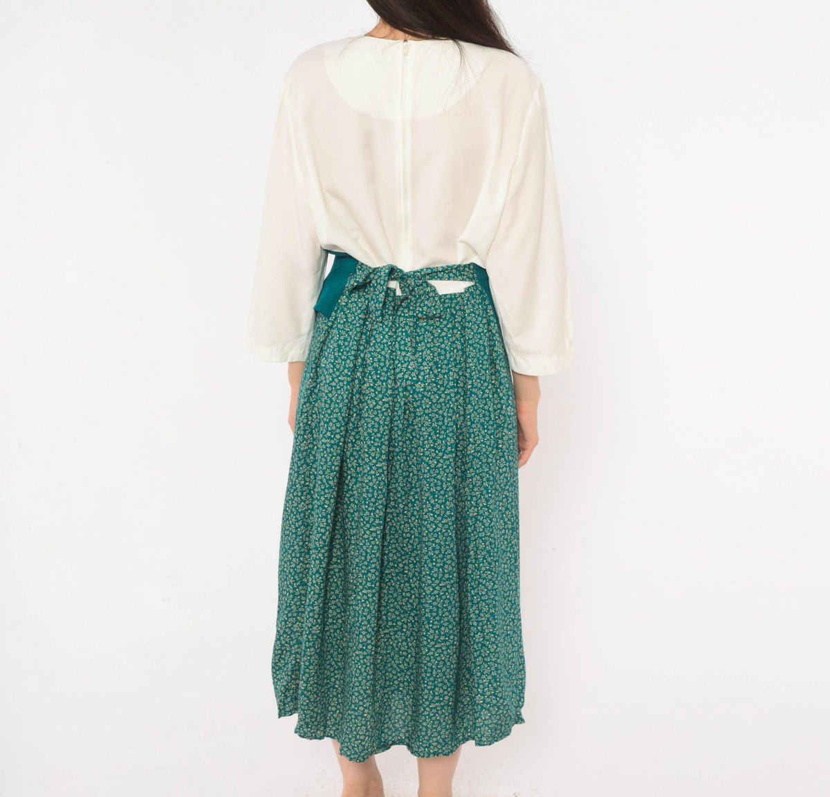 90s Olivia Rose Ditsy Floral Midi Dress Teal Green Vest Bodice Large L