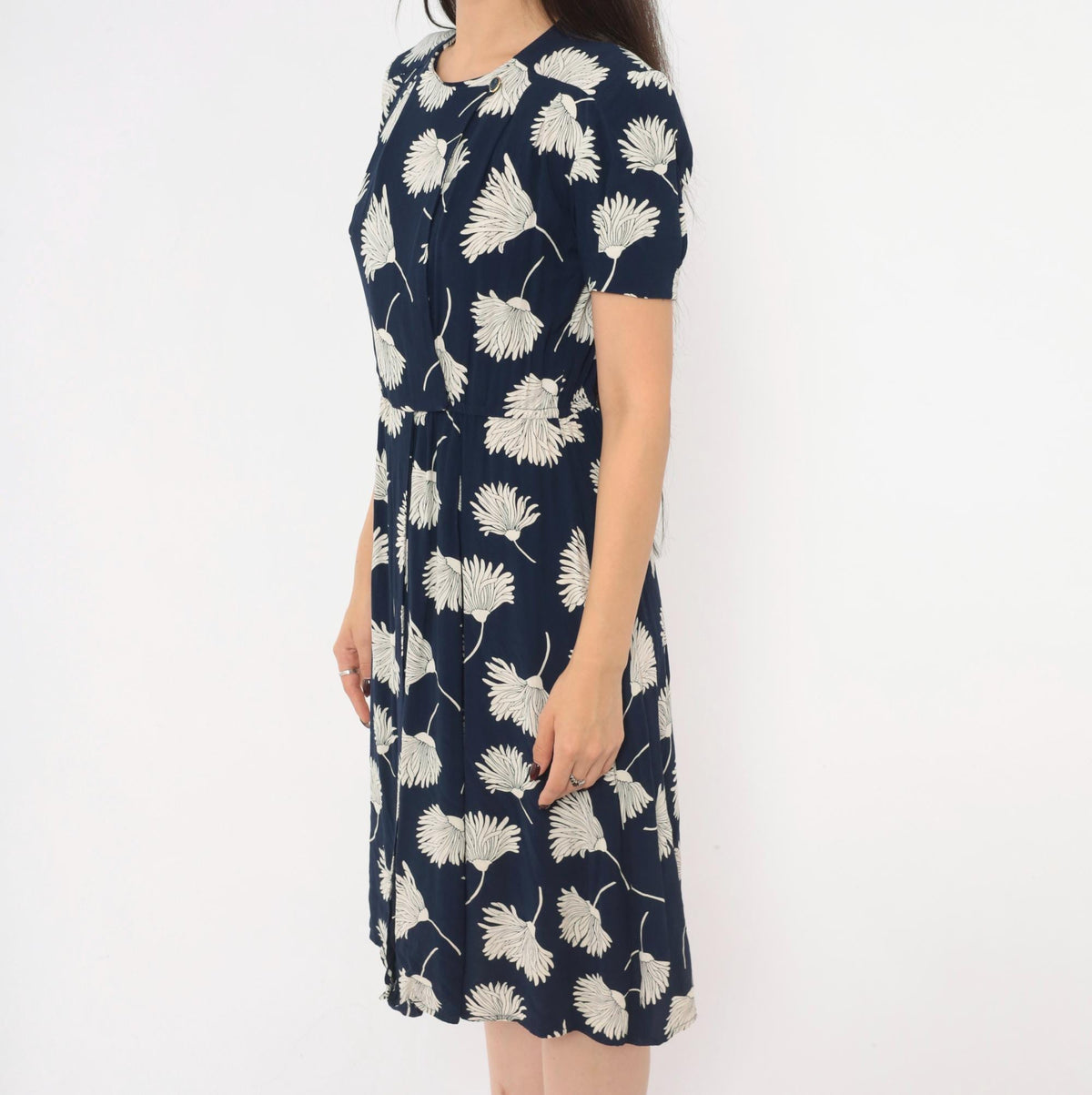 90s Liz Claiborne Navy Floral Dress White Daisy Print Puff Sleeve Small S