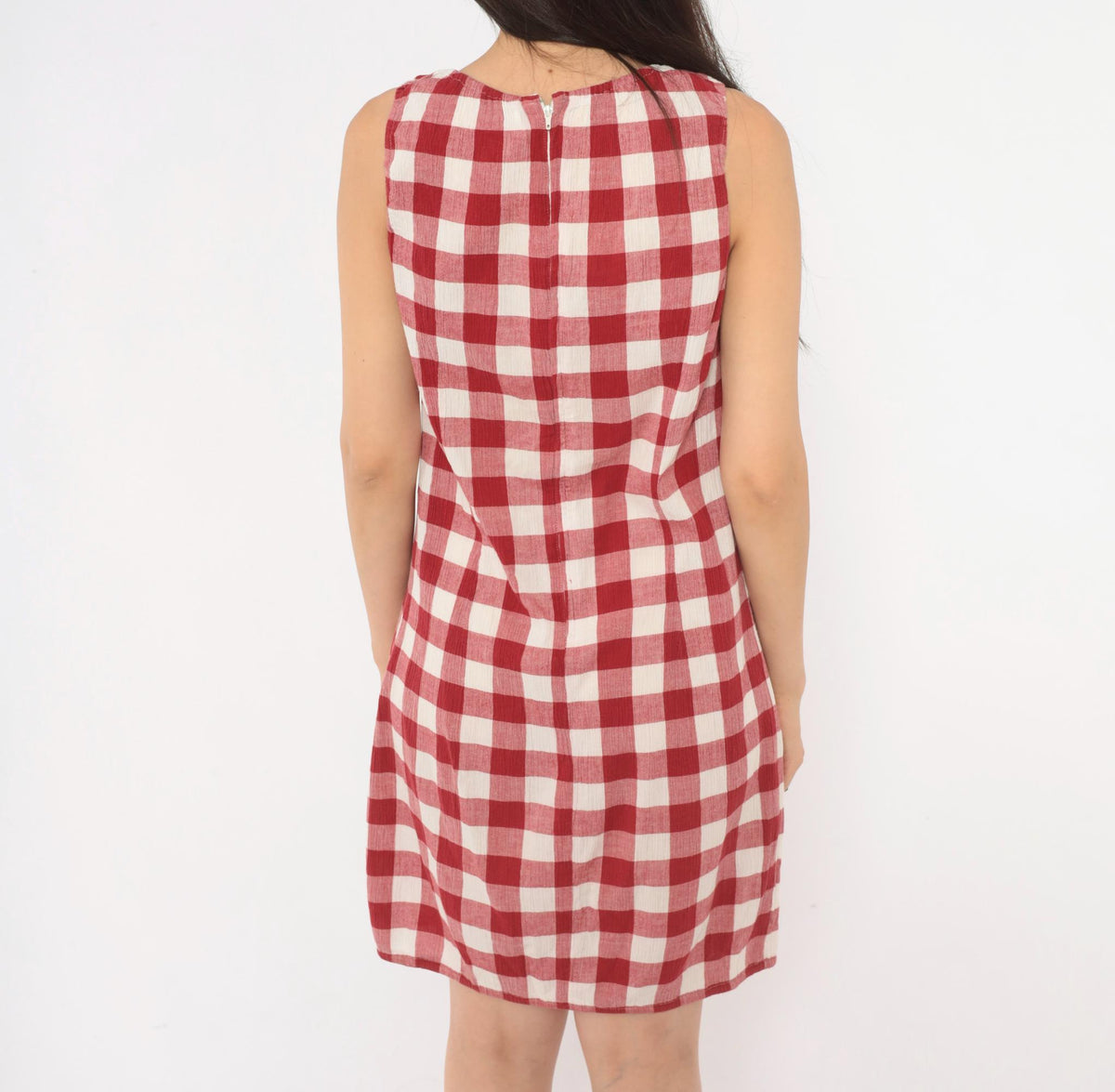 Y2K Red Gingham Sleeveless A-Line Dress Knee Length Medium M