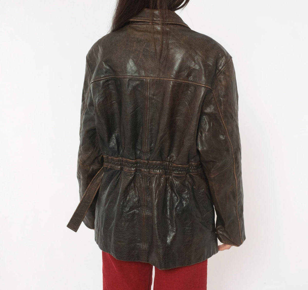 90s Oakwood Brown Leather Jacket Belted Waist Button Front Moto Large