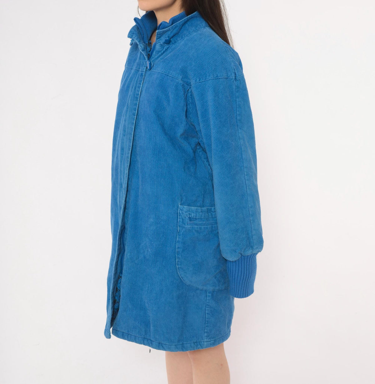 80s Windy Weather Corduroy Coat Blue Zip Front Stand Collar Large L