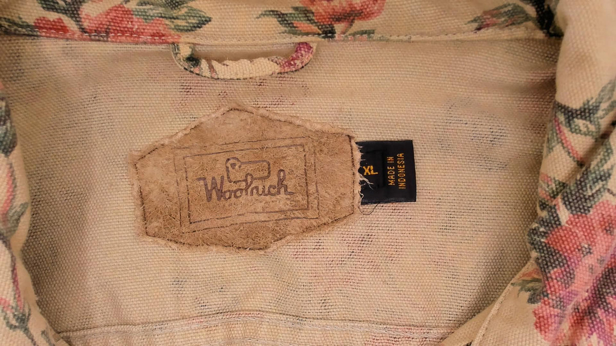 90s Woolrich Floral Denim Jacket Beige Cotton Canvas Pink Rose Print Extra Large XL
