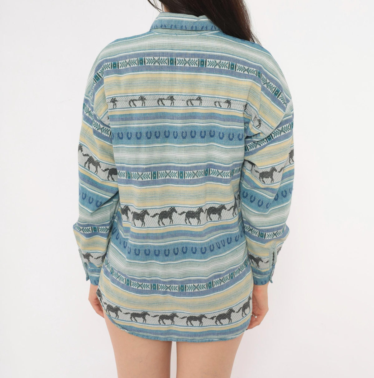90s CM Company Horse Print Western Shirt Blue Cream Striped Cotton Small
