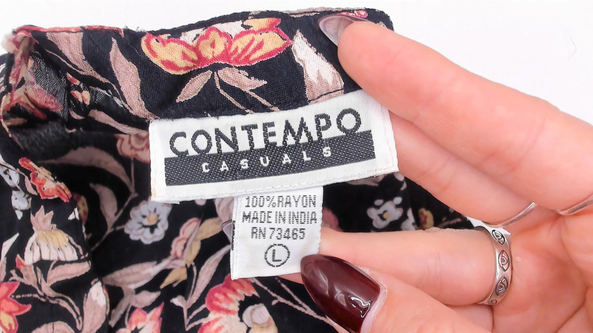 90s Contempo Casuals Black Floral Midi Dress Button Front V Neck Large L