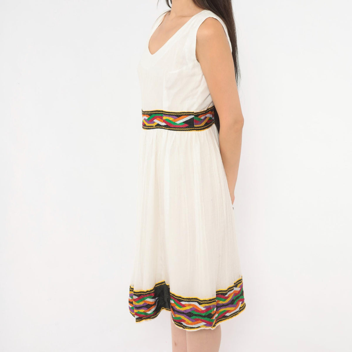 90s White Gauze Knee-Length Dress Ethiopian Habesha Embroidered Tibeb Multicolor Medium