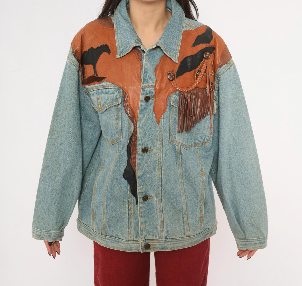90s Petra C. Wall Denim Jacket Western Leather Cowboy Horse Patchwork Light Blue Medium M