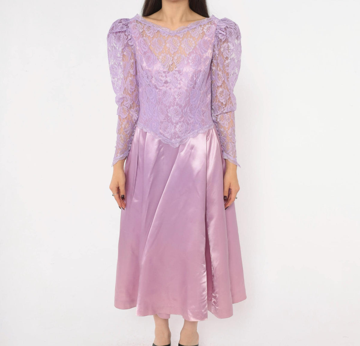 80s Lavender Lace Midi Dress Puff Sleeve Satin Purple V Neck Small